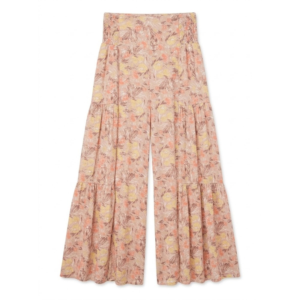 On You Floral Tiered Wide Leg Pants Womens Small Pink Boho Smocked EP1226D